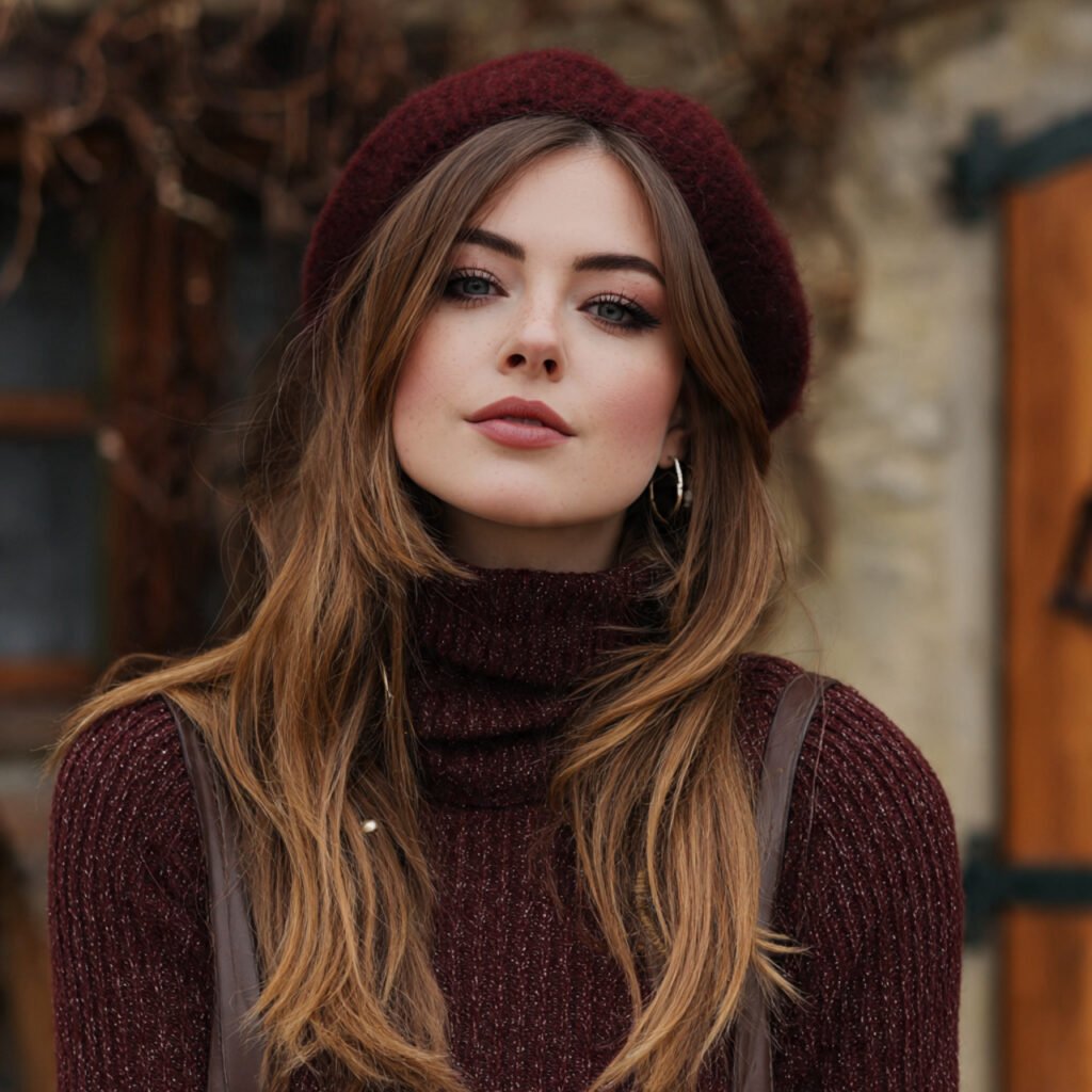 a beautiful and real woman on burgundy