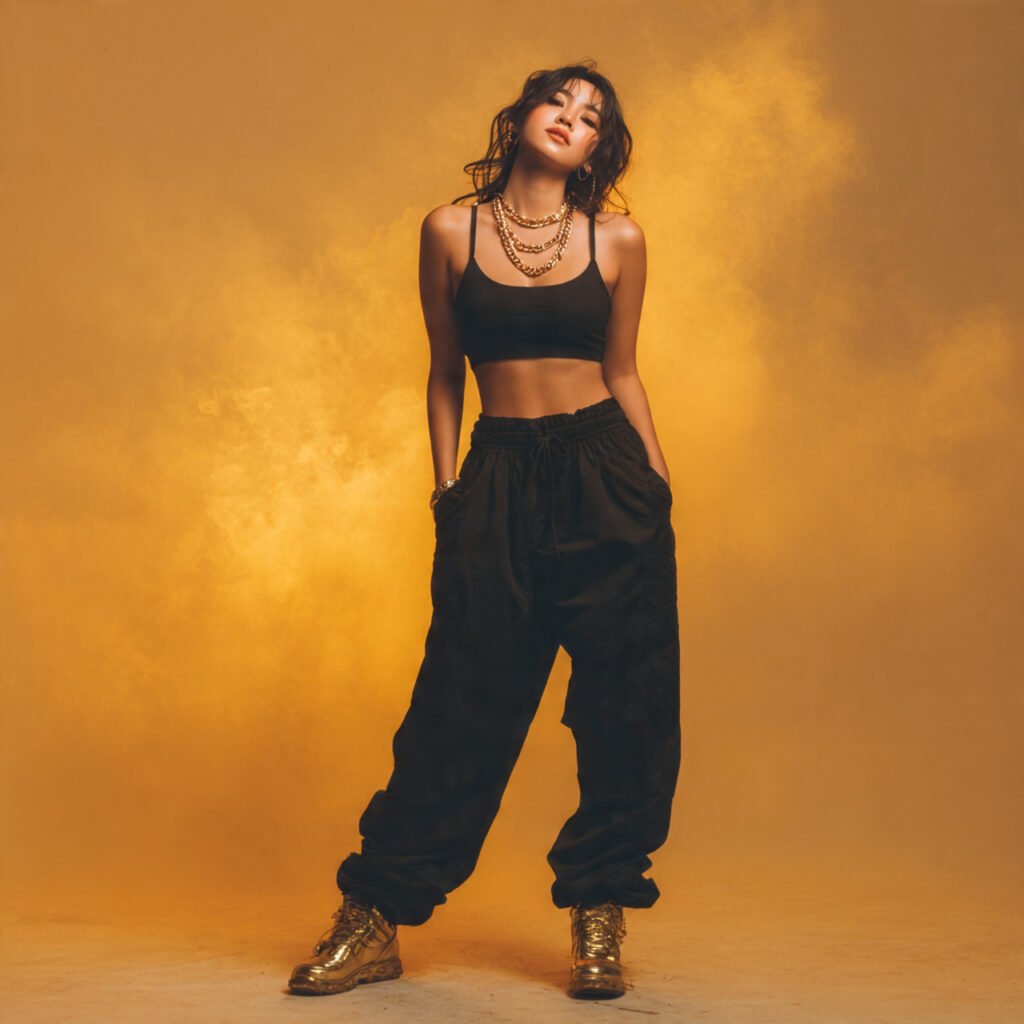 a beautiful girl in all black minimal tank