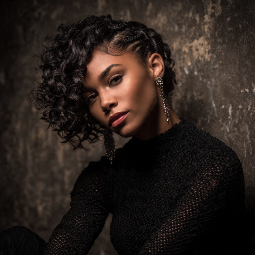 a beautiful woman all black different textures sleek