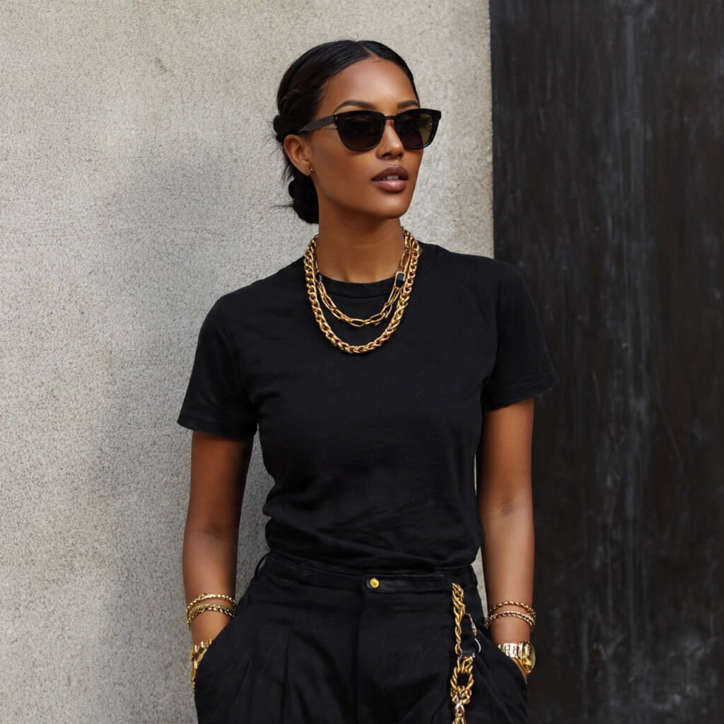 a beautiful woman in all black casual fit