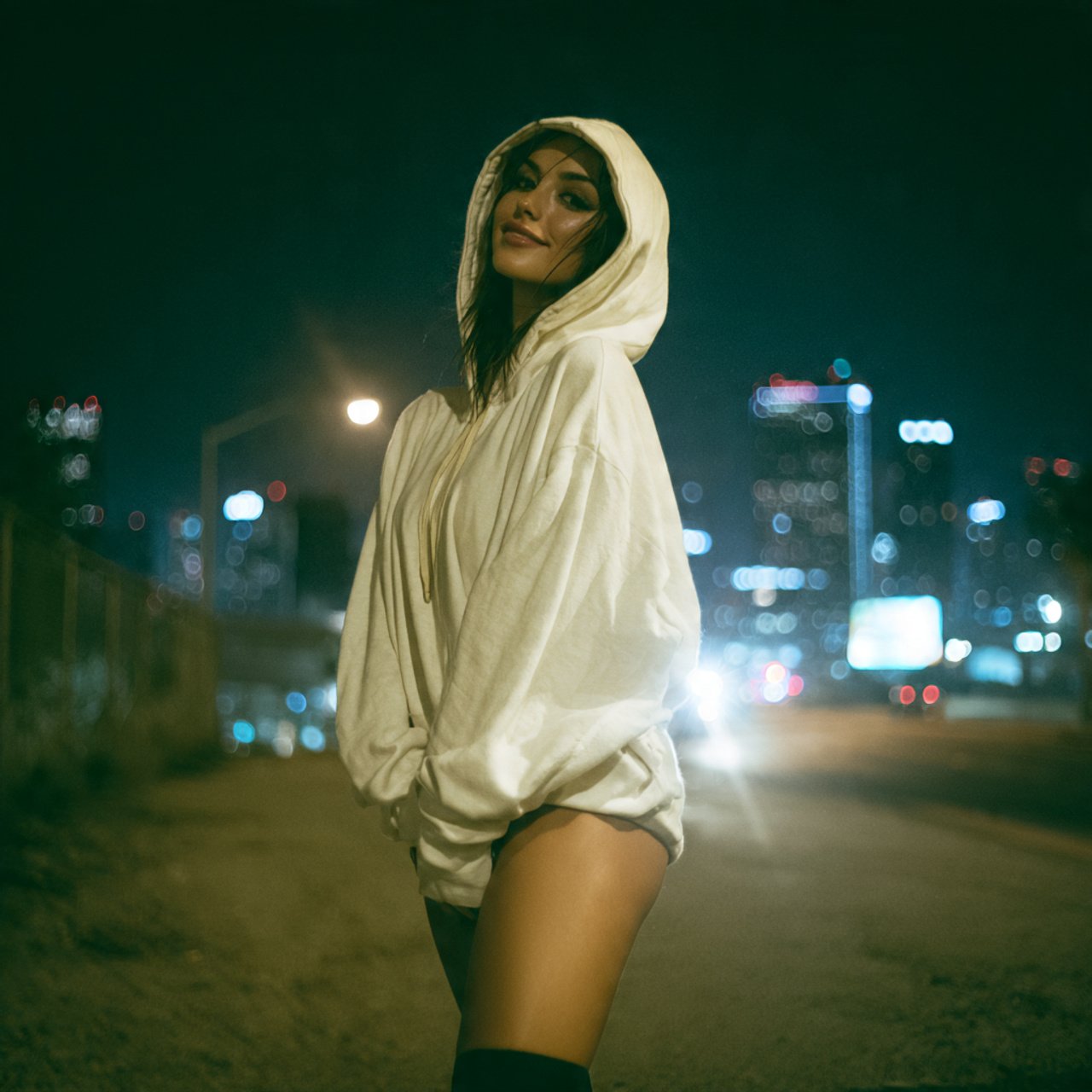 a beautiful woman in oversized hoodie