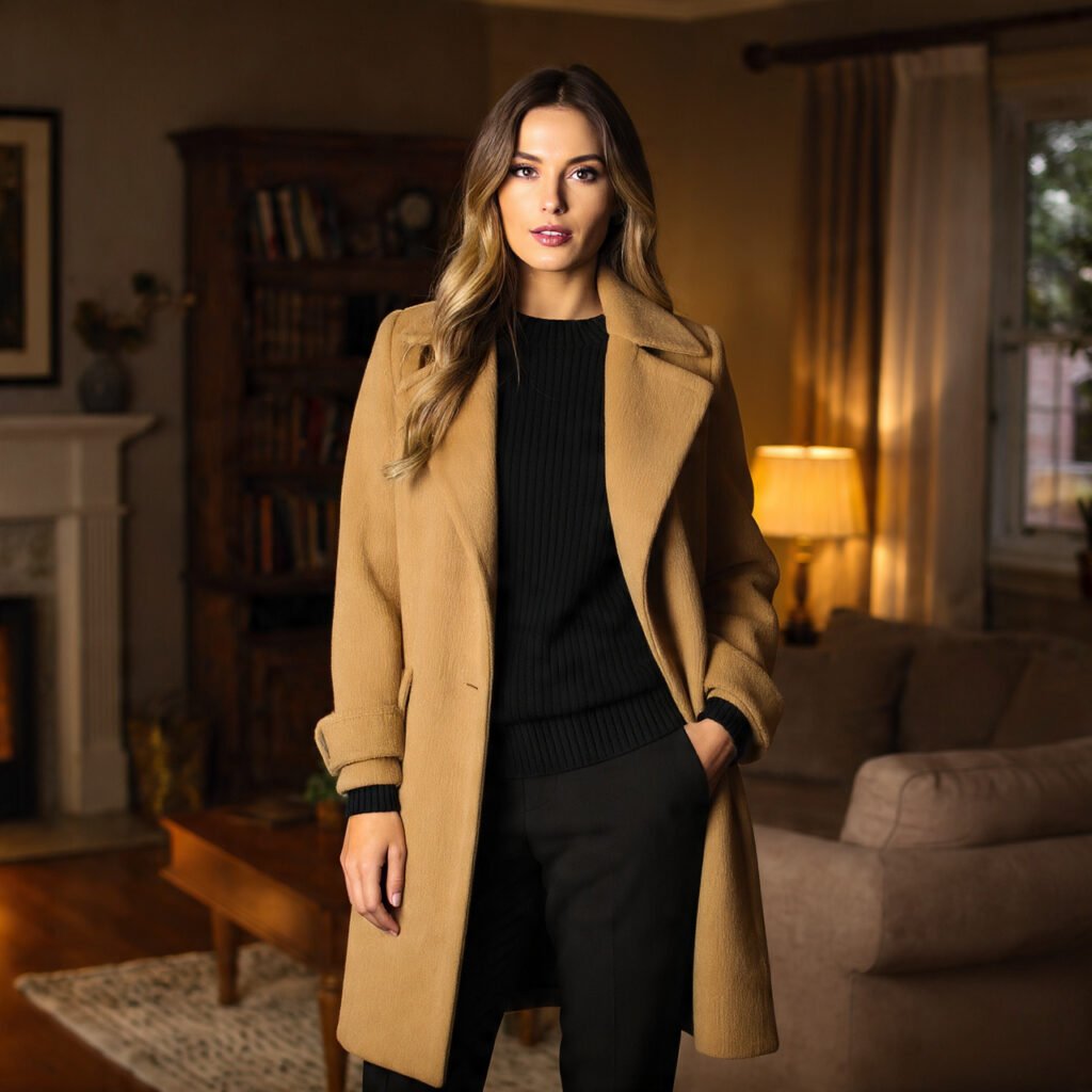 a beautiful woman on camel coat