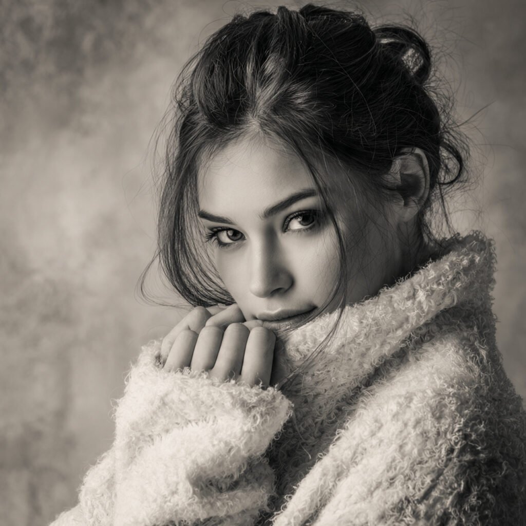 a beautiful woman on monochrome cream layers