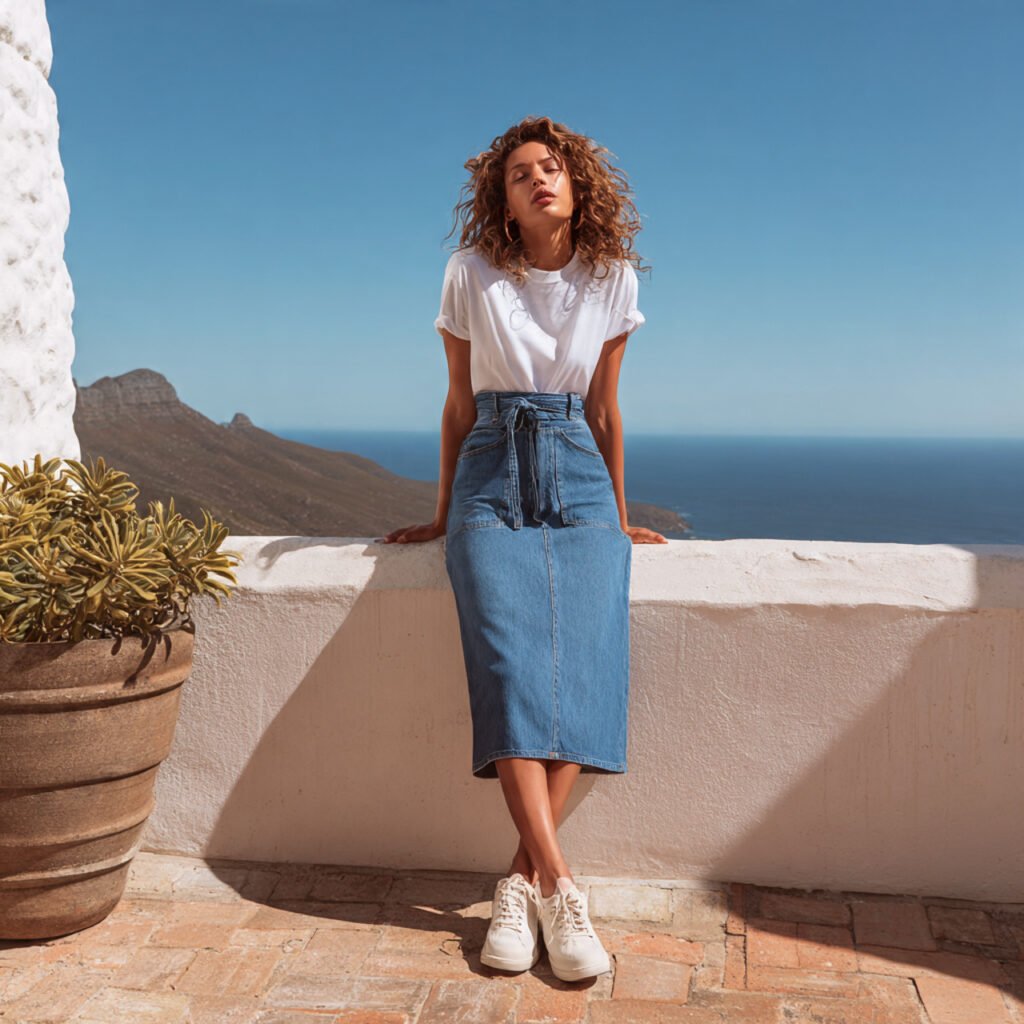 a beautiful woman wearing denim midi skirt