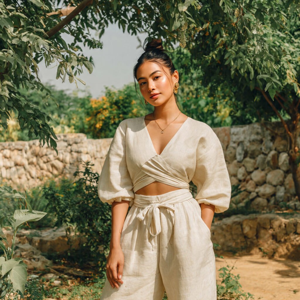 a beautiful woman wearing linen co ord set