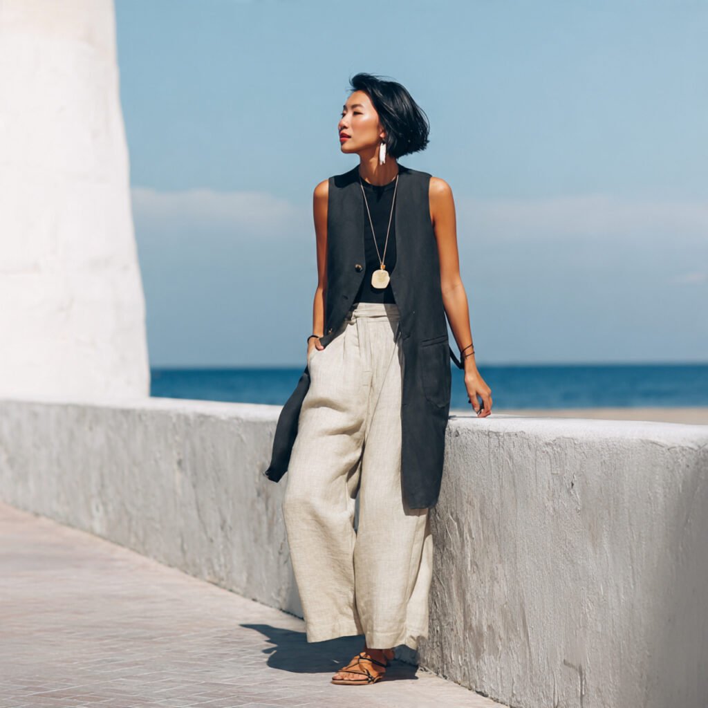 a beautiful woman wearing longline vest