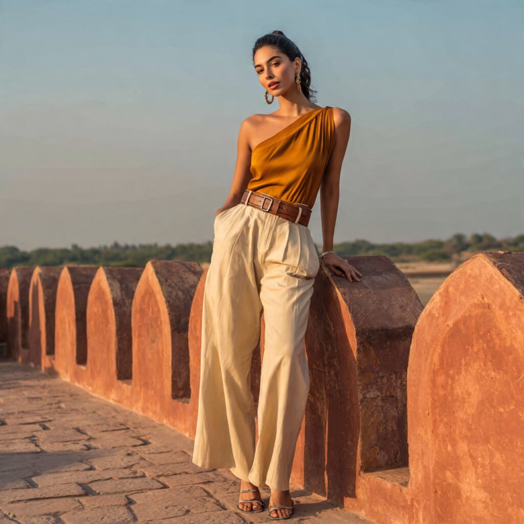 a beautiful woman wearing one shoulder top