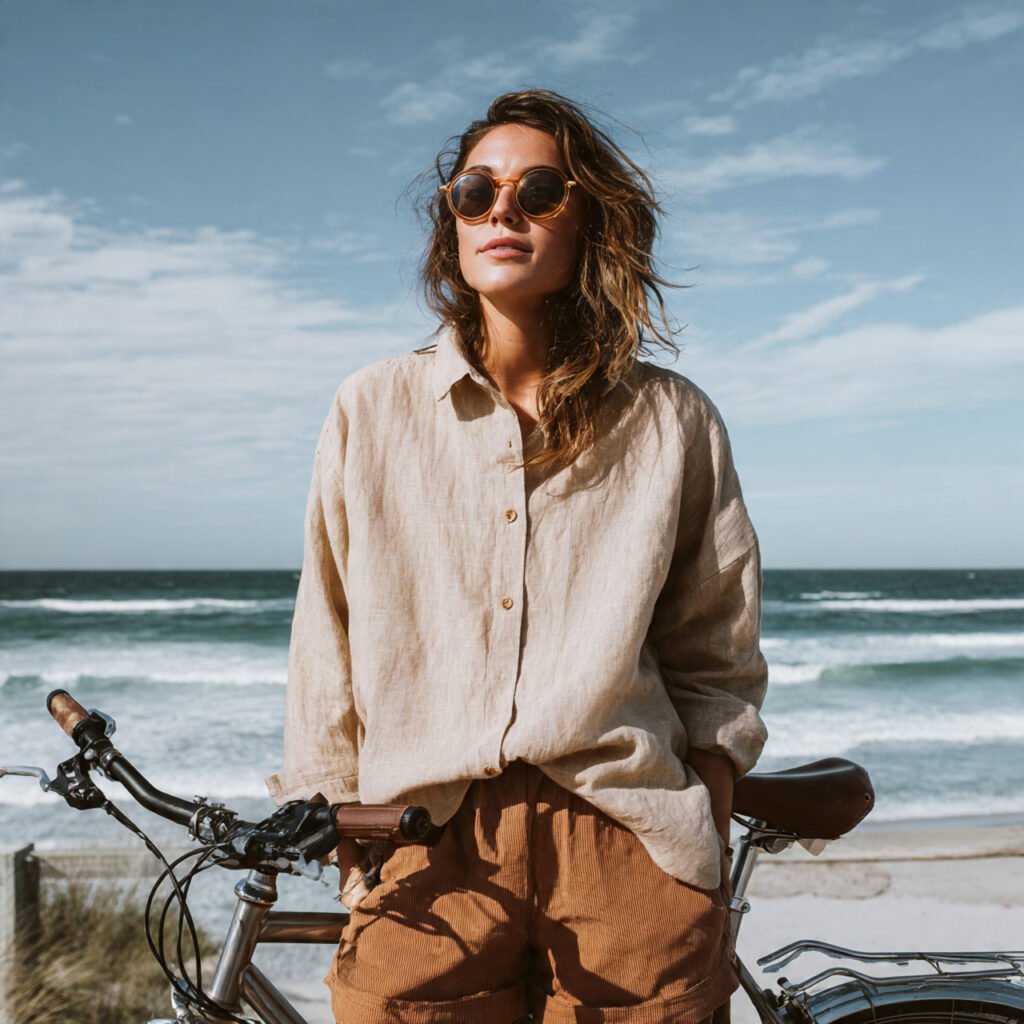 a beautiful woman wearing oversized linen shirt