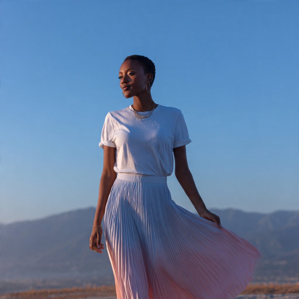 a beautiful woman wearing pleated midi skirt 1