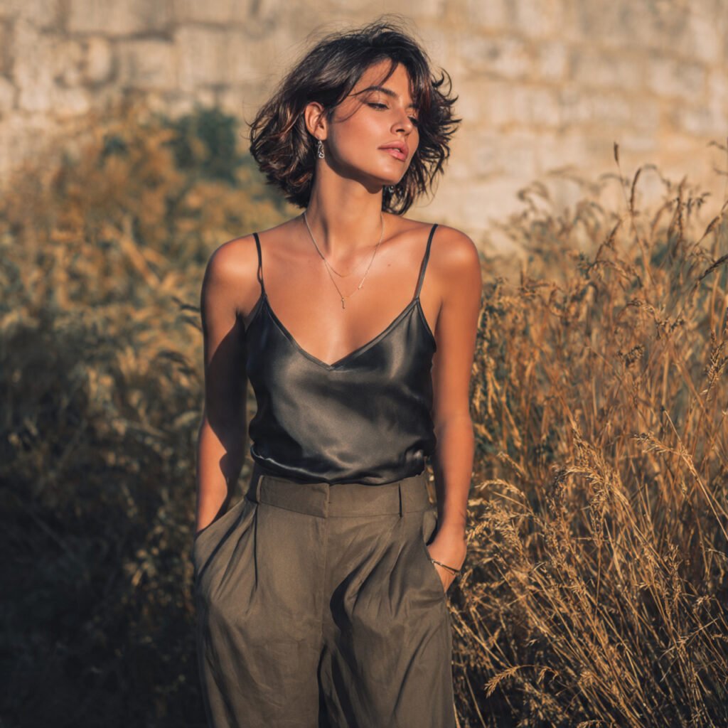 a beautiful woman wearing satin camisole