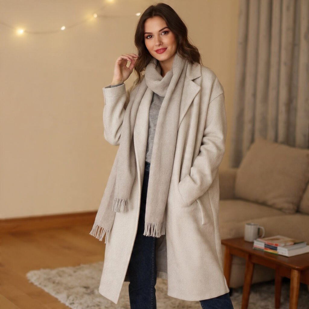 a beautiful woman wearing scarf coat