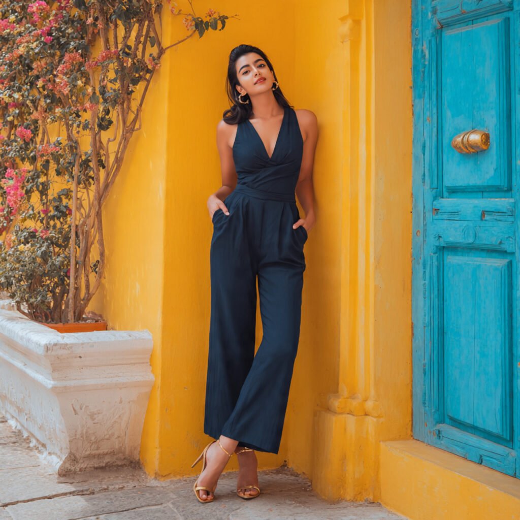 a beautiful woman wearing sleeveless jumpsuit in