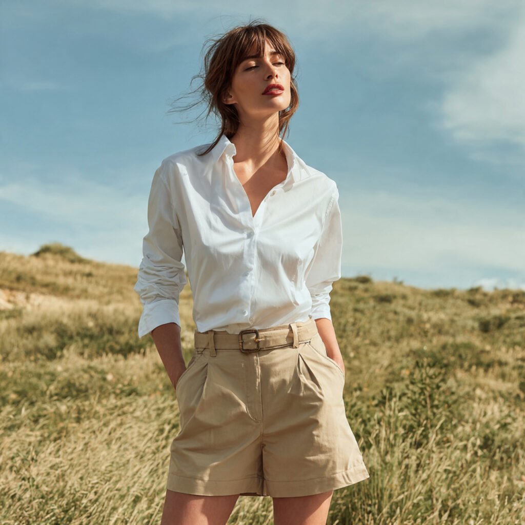 a beautiful woman wearing white poplin shirt