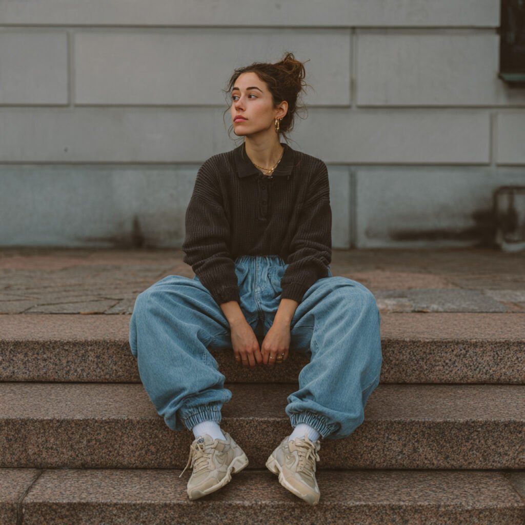 Comfy School Outfits: 15 Easy, Cute Looks That Stay Comfortable from First Period to Last 5 a girl on knit polo baggy