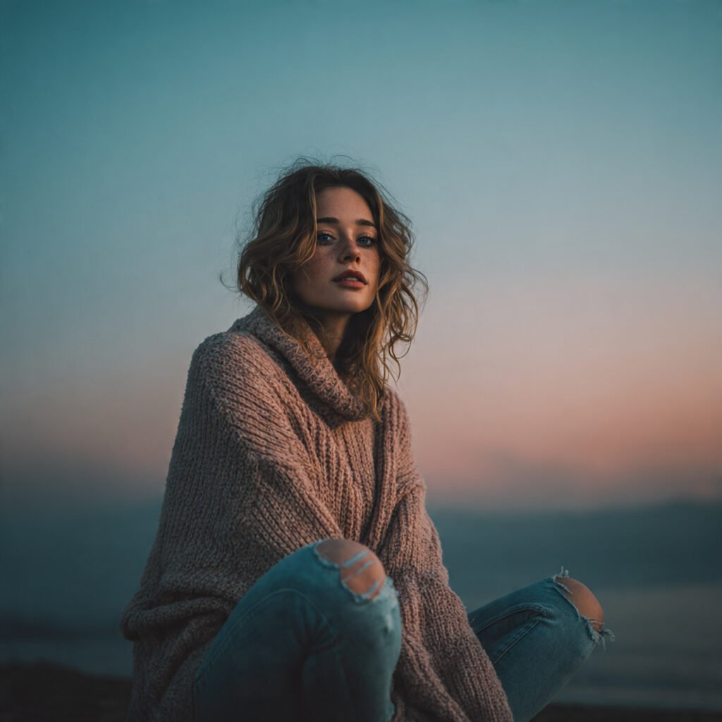 a real woman on oversized sweater with