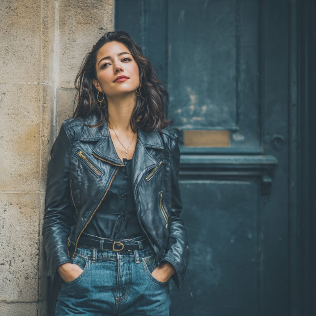 a woman real image the leather jacket