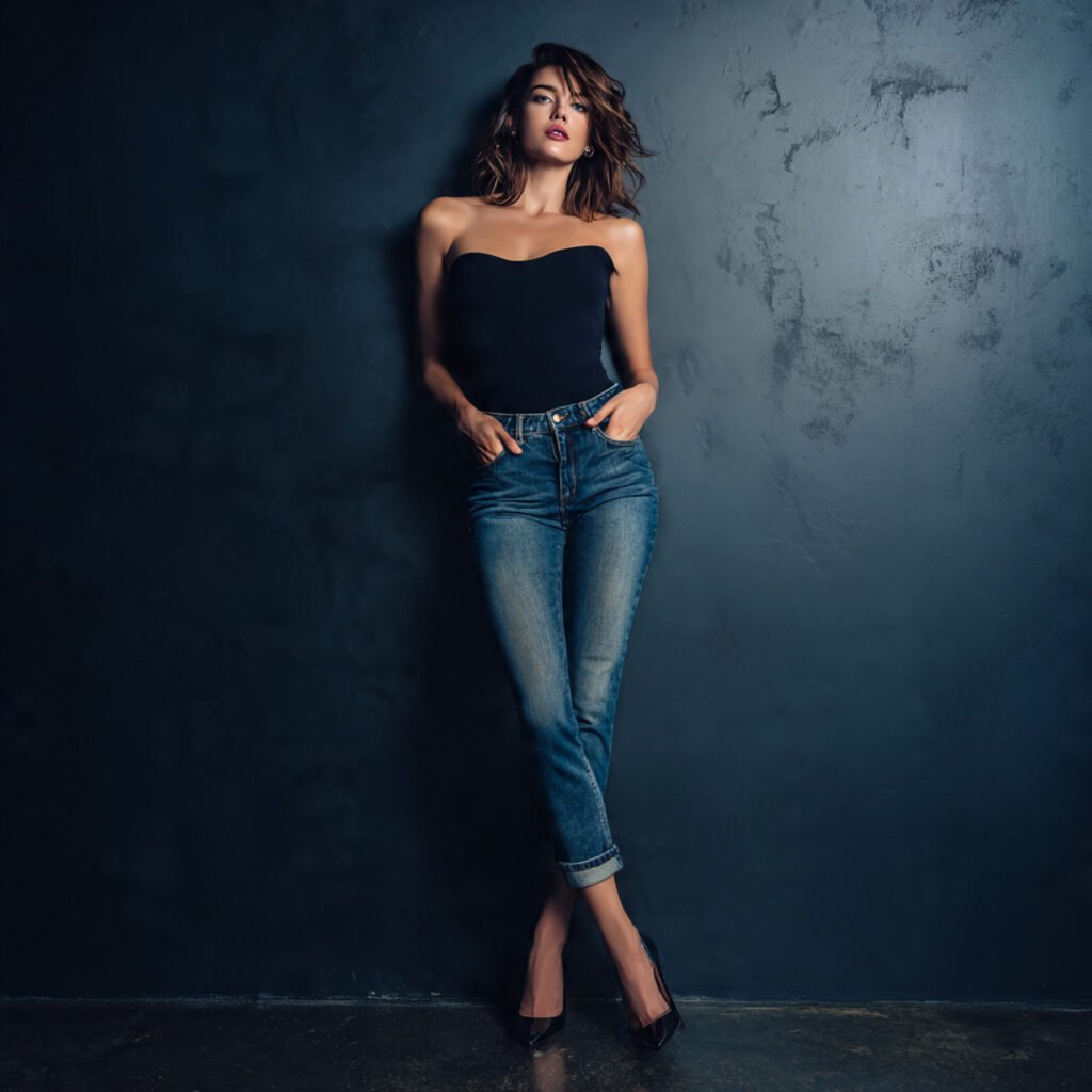 a woman the black top blue