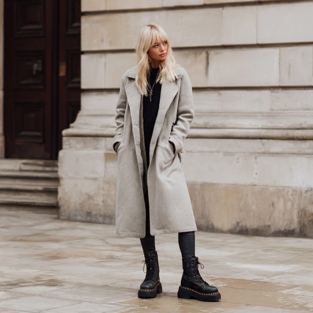 a woman wearing a long coat leggings