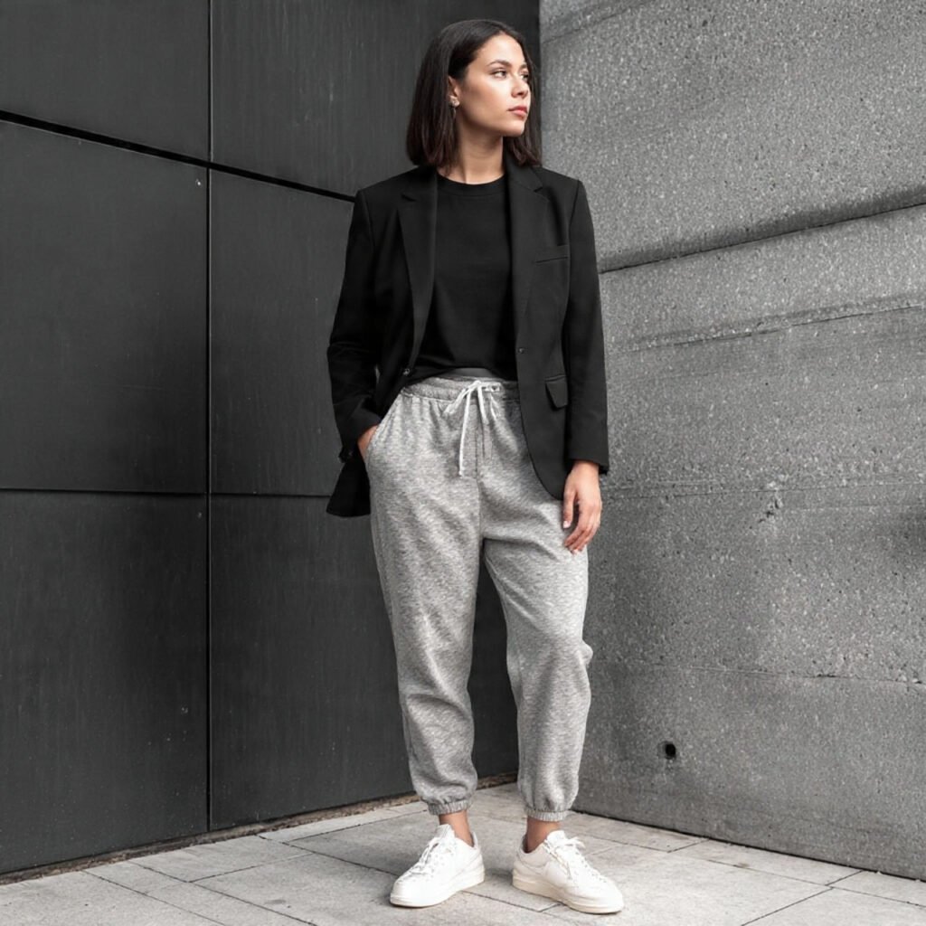 black blazer grey sweatpants clean