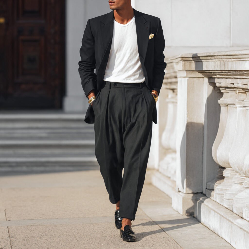 black blazer white tee pleated