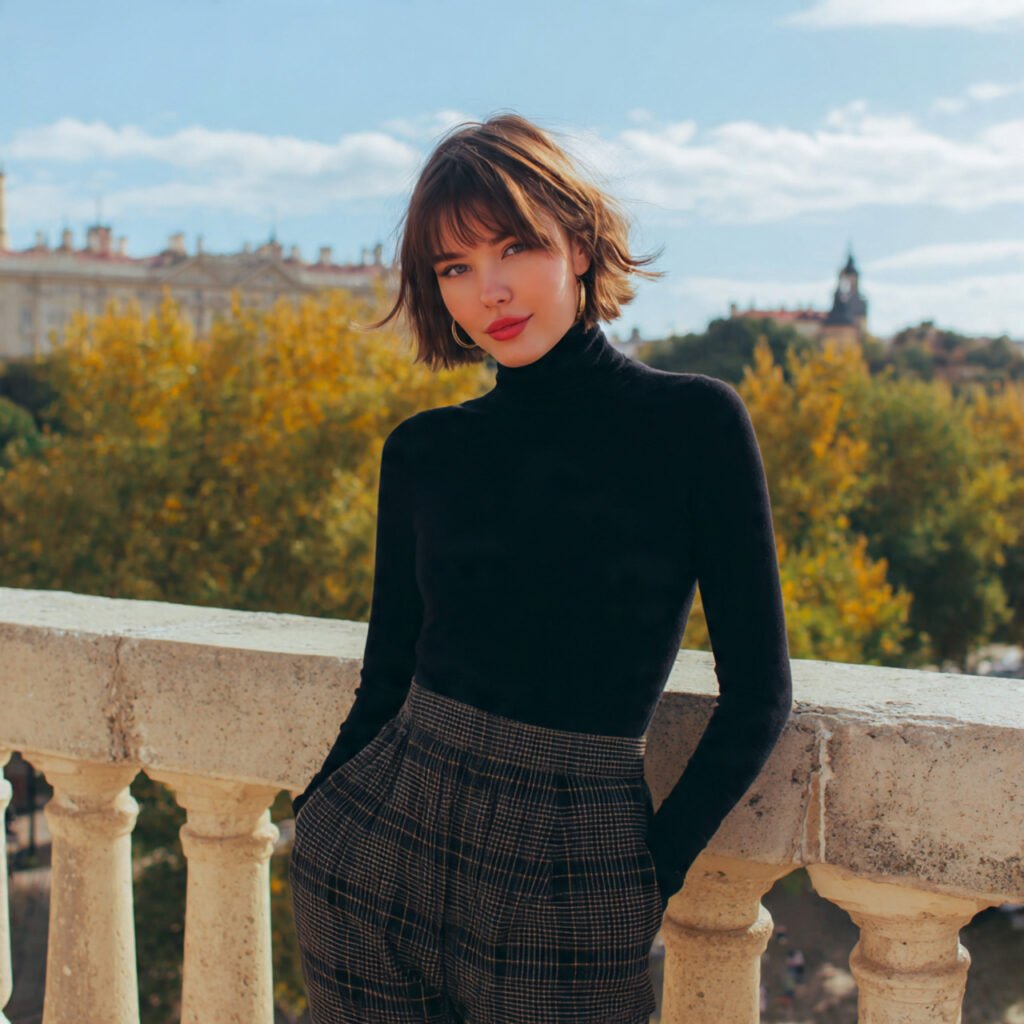 black turtleneck with plaid high waisted trousers with