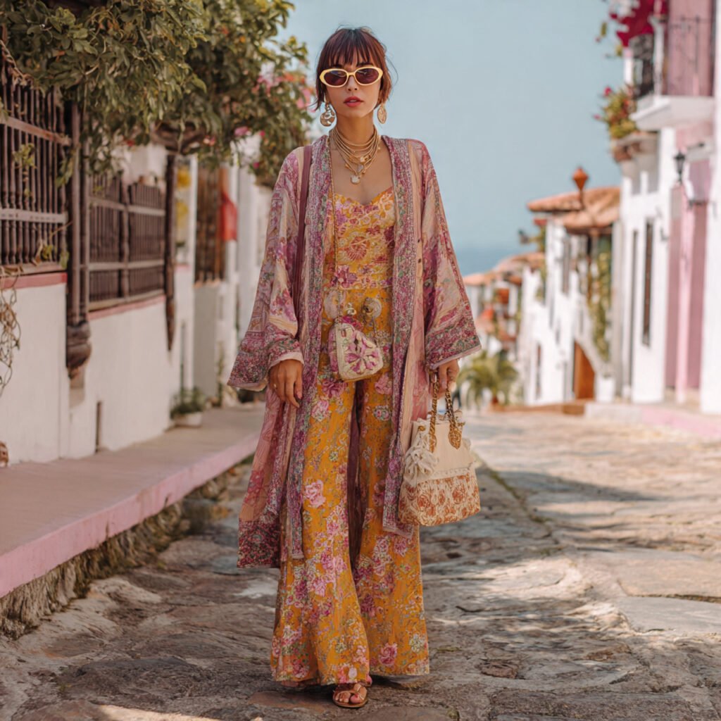 boho kimono with wide legged trousers