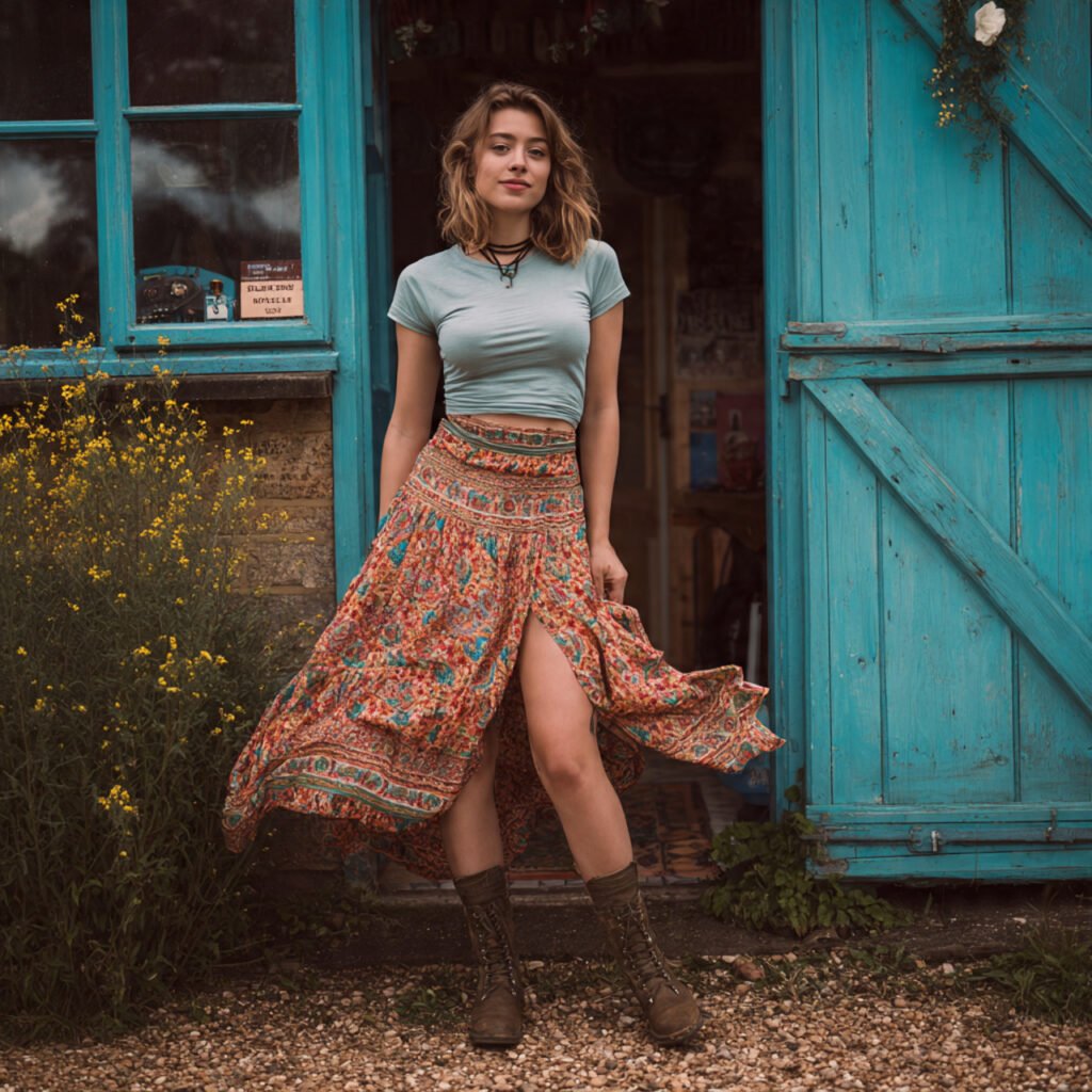 boho skirt with a t shirt