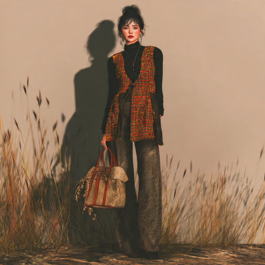 boho vest with tailored pants with cozy