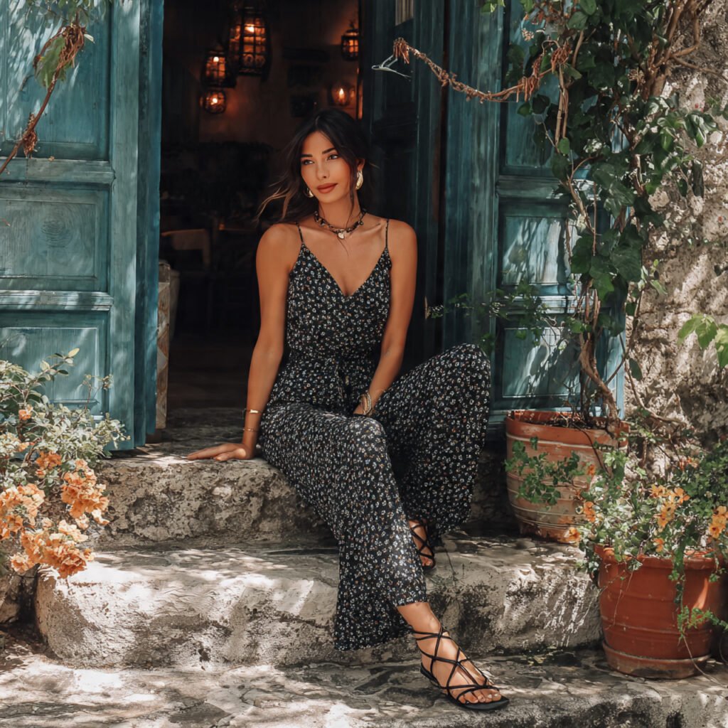 boho wide legged jumpsuit with strappy sandals with