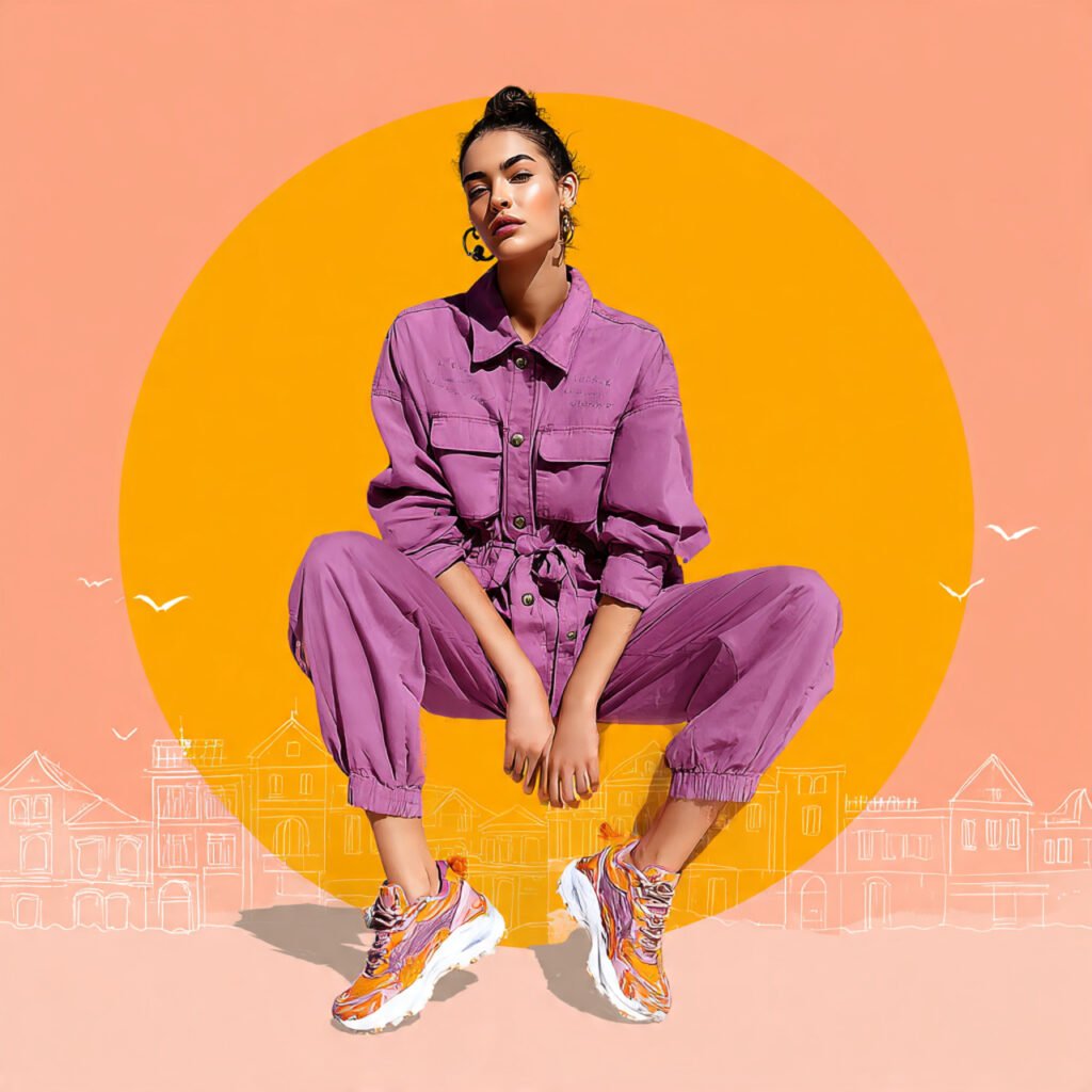 casual jumpsuit with sneakers with real image
