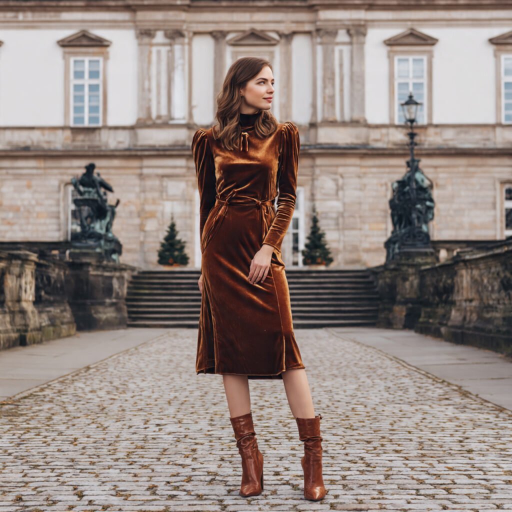 classic velvet midi dress with heeled boots