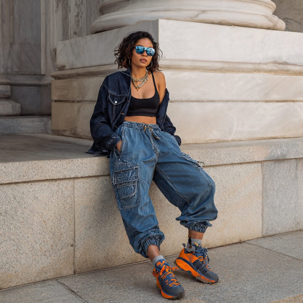 cropped tank joggers denim coat