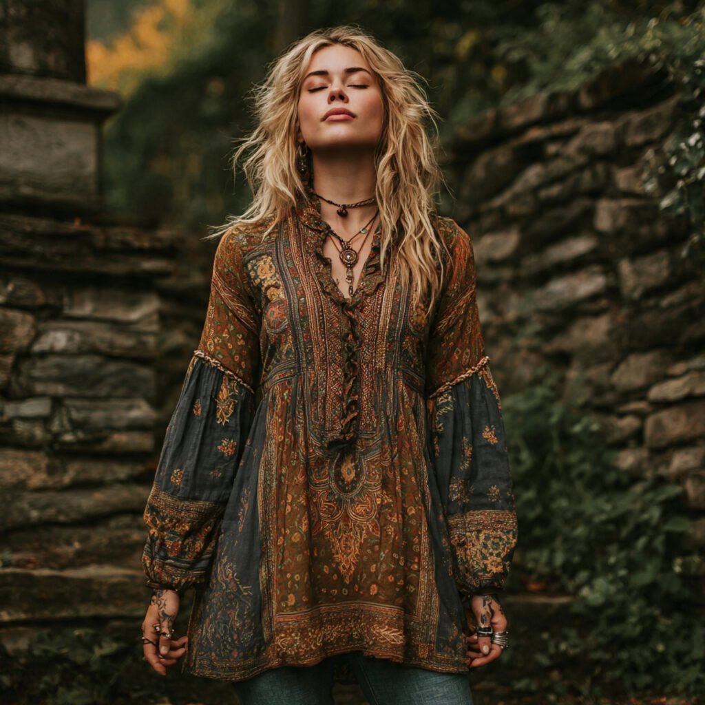 earthy boho tunic with slim fit jeans with