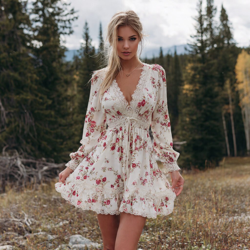 floral boho dress with lace details with