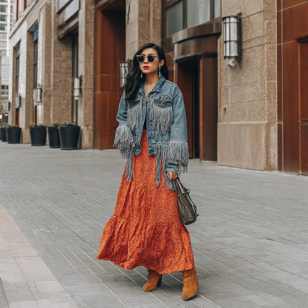 fringe denim jacket over a maxi skirt