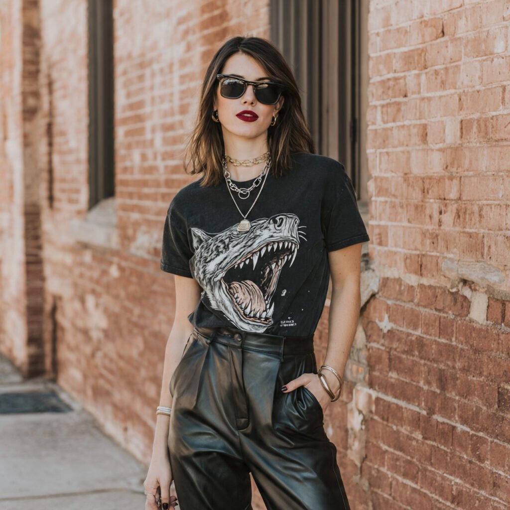 graphic tee leather pants casual with
