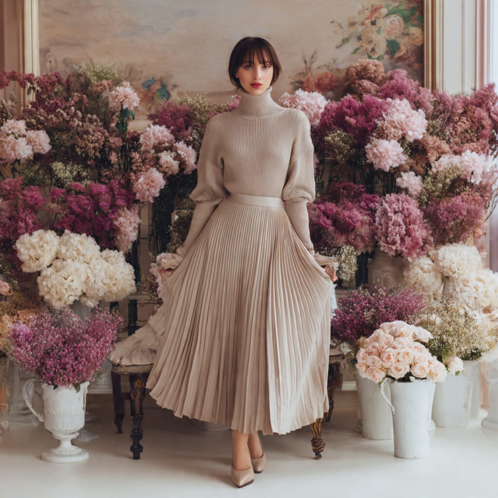 high neck sweater with pleated midi skirt with