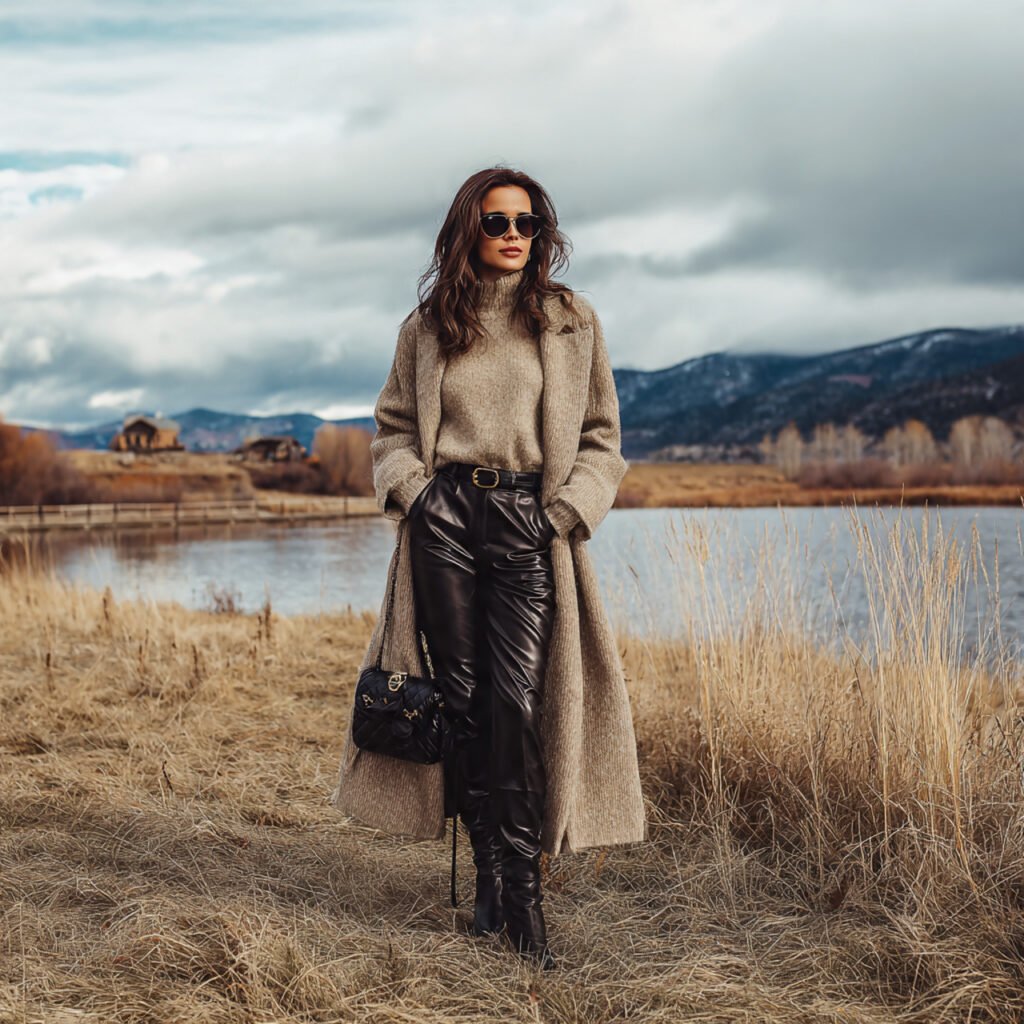 longline wool coat with leather pants with