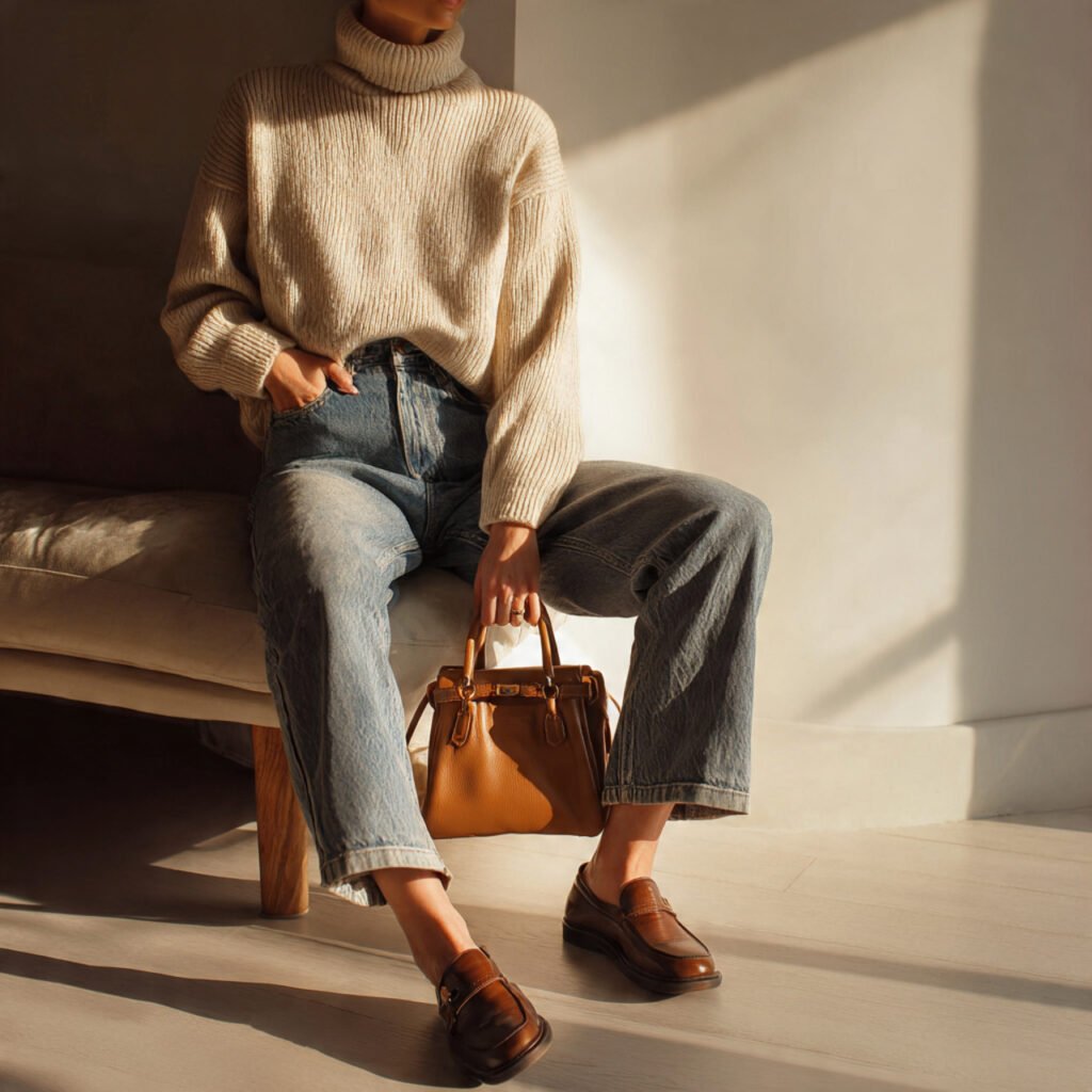 loose fit turtleneck with straight leg jeans with real