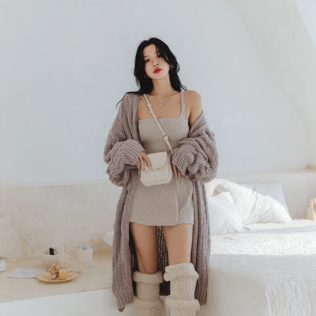 neutral knit set long cardigan soft