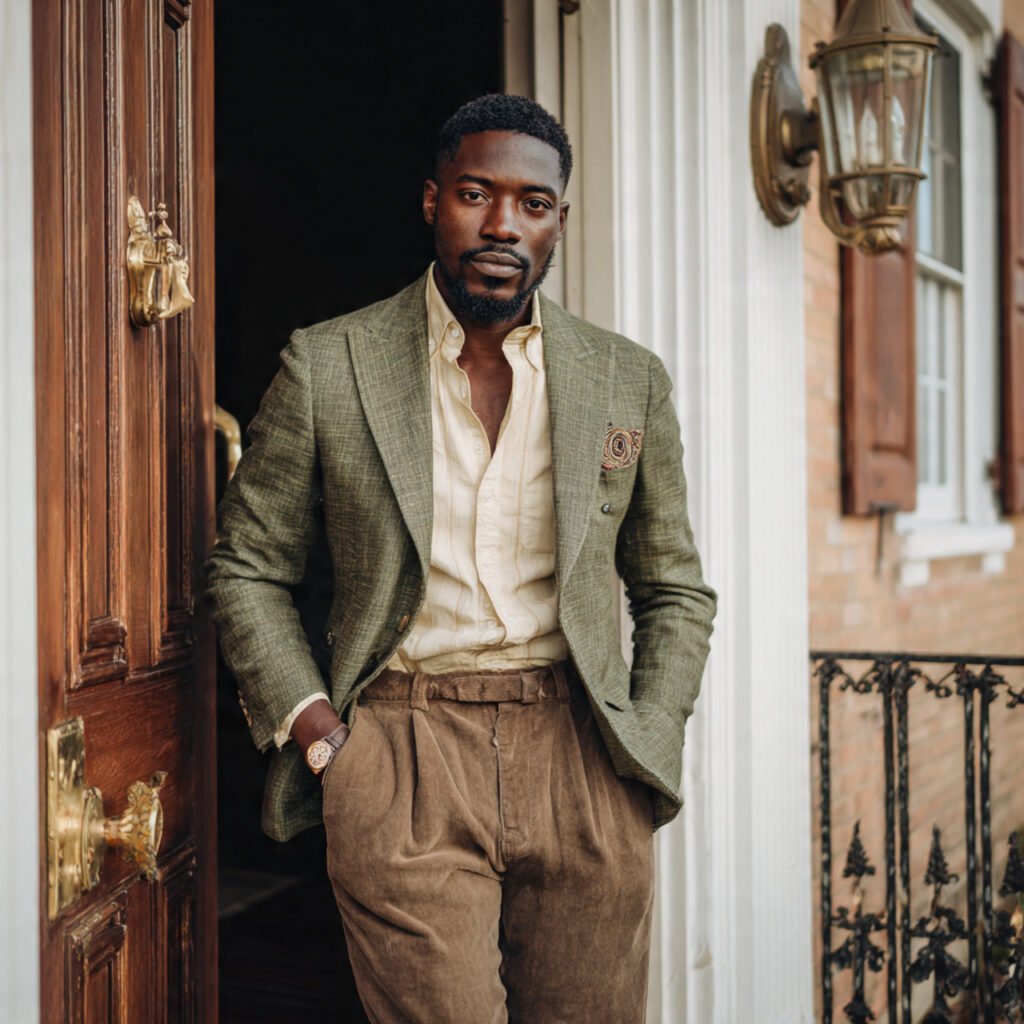 olive blazer cream shirt brown