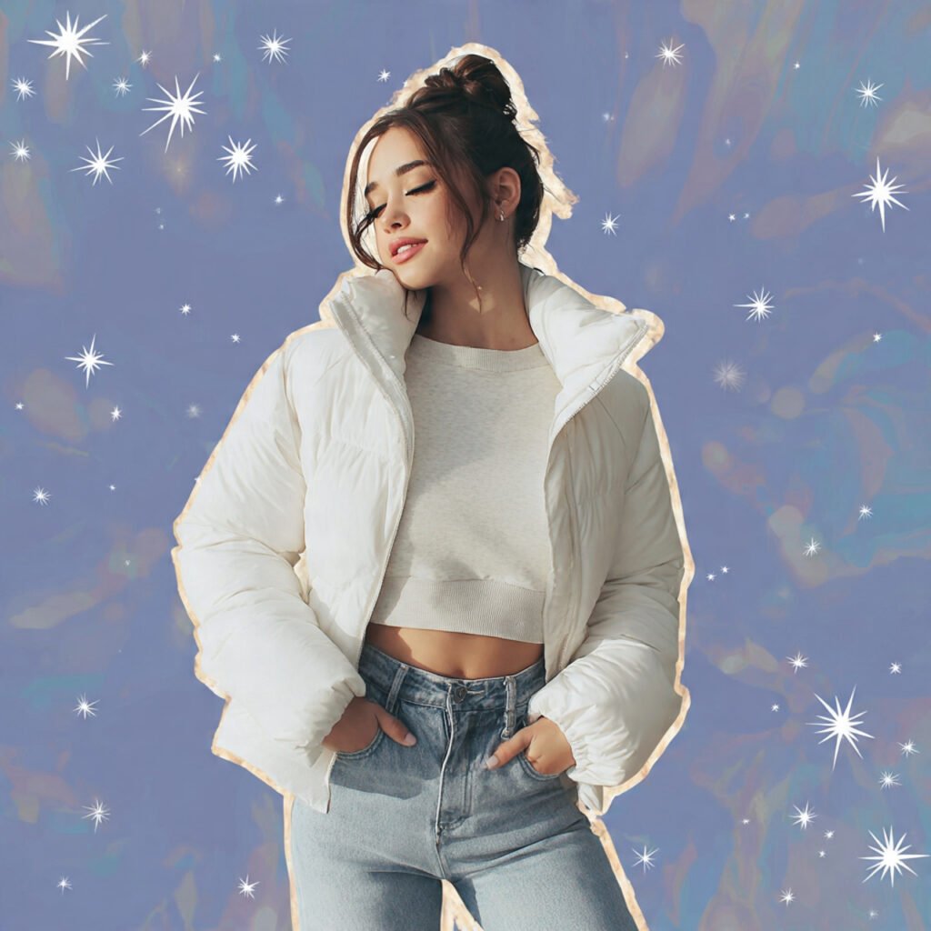 puffer jacket with cropped sweatshirt and jeans