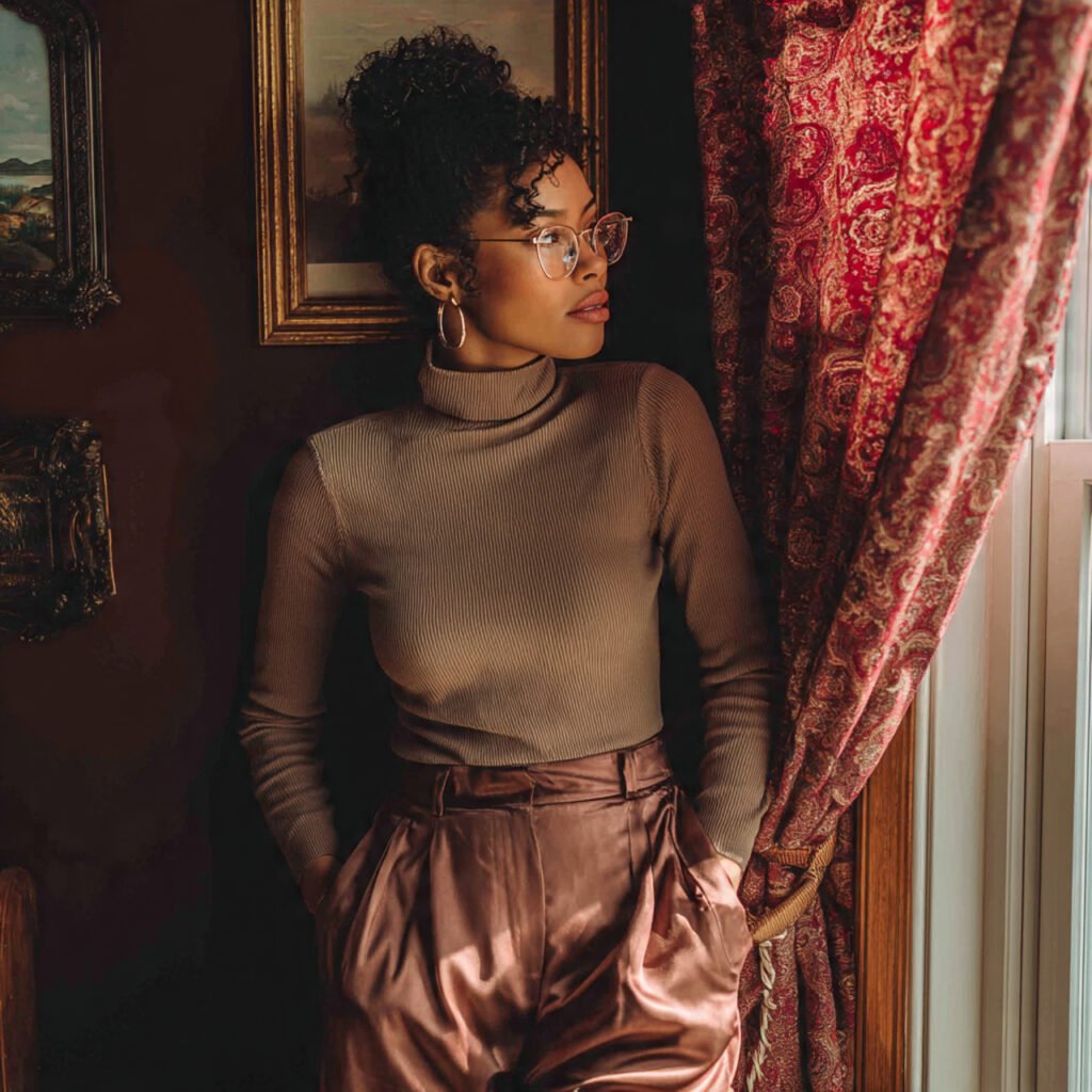 real woman wearing fitted turtleneck satin