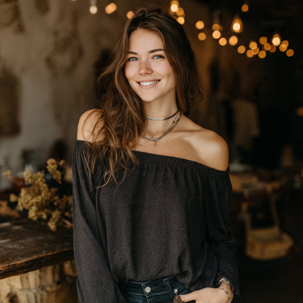 real woman wearing off shoulder top dark 1