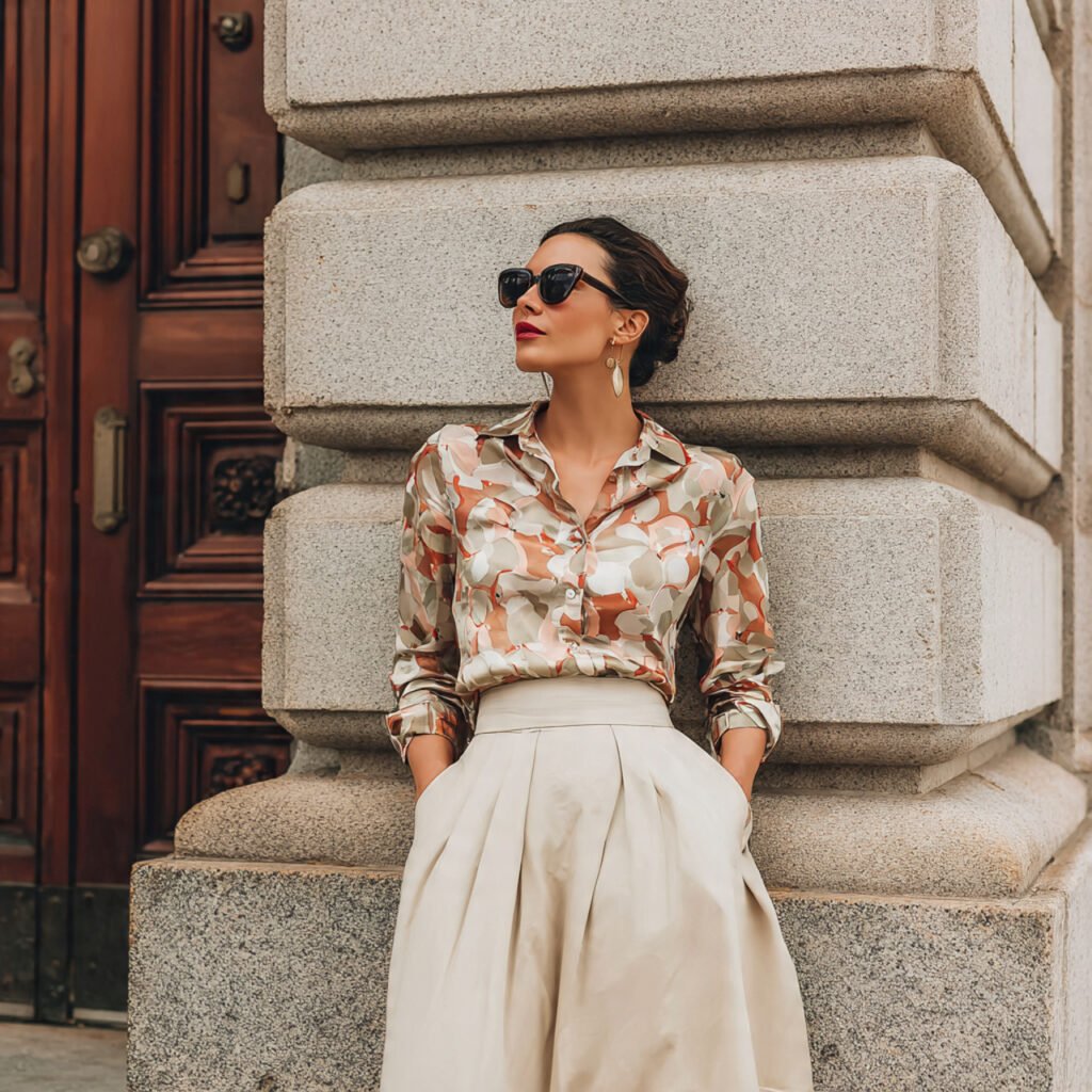 real woman wearing silk button down crepe