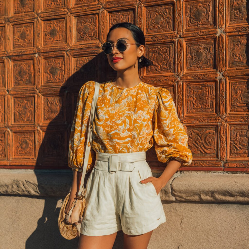 real woman wearing statement top tailored