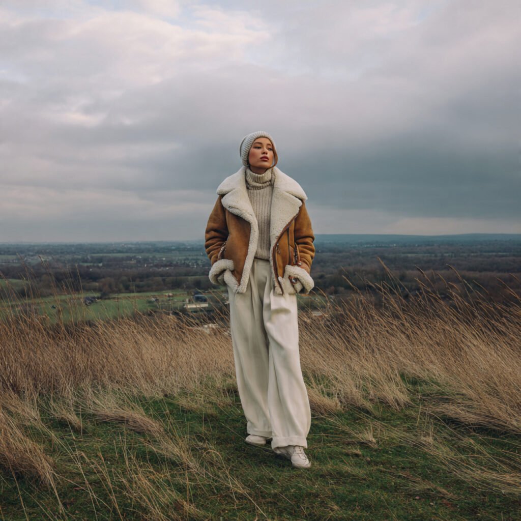 shearling jacket with wide legged trousers with beautiful
