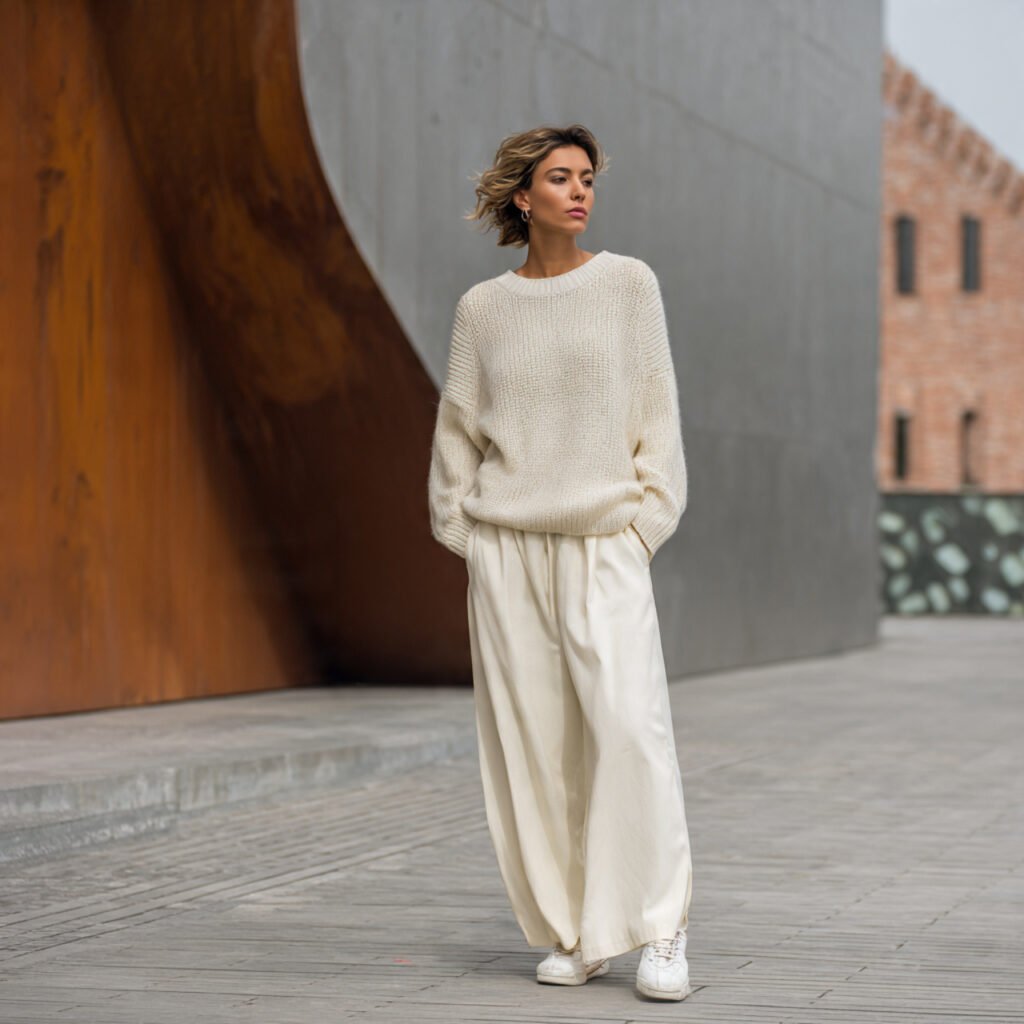 soft cashmere sweater with wide legged pants with