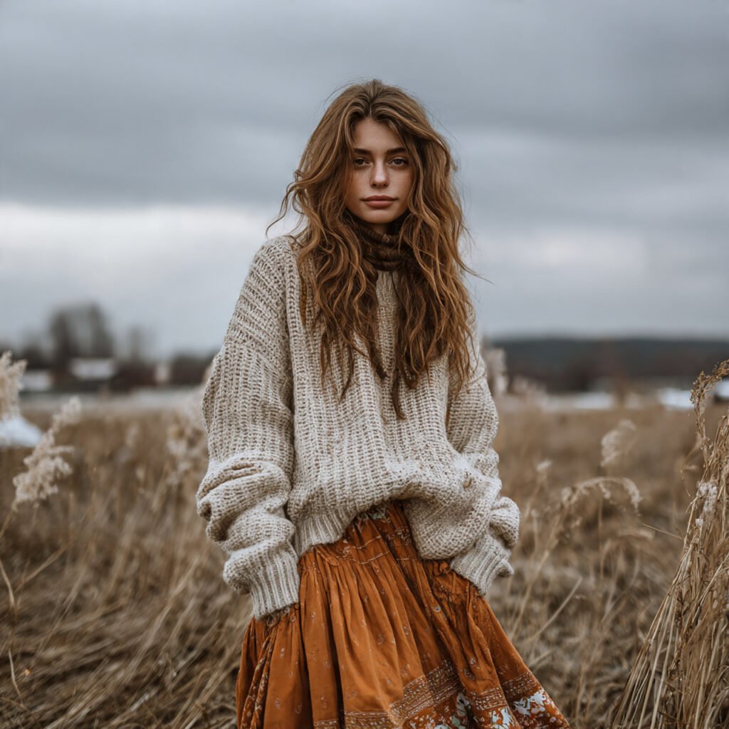 suede boho skirt with knit sweater with