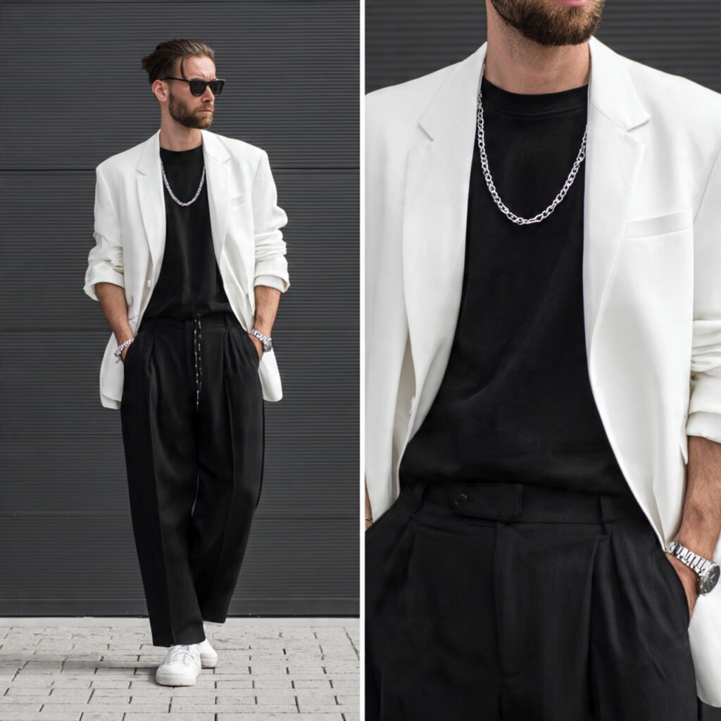 white blazer black tee black